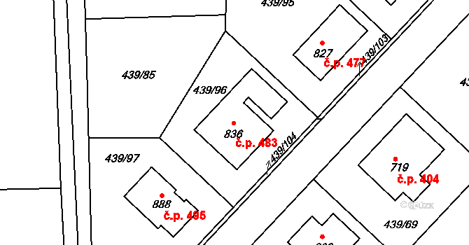 Opatovice nad Labem 483 na parcele st. 836 v KÚ Opatovice nad Labem, Katastrální mapa