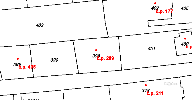 Postřelmov 289 na parcele st. 398 v KÚ Postřelmov, Katastrální mapa