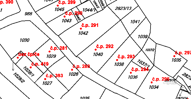Štramberk 292 na parcele st. 1040 v KÚ Štramberk, Katastrální mapa
