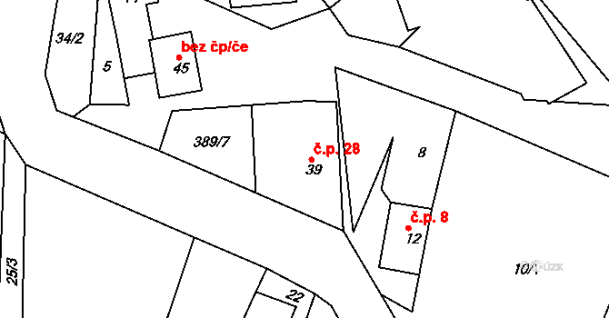 Jedouchov 28, Věž na parcele st. 39 v KÚ Jedouchov, Katastrální mapa