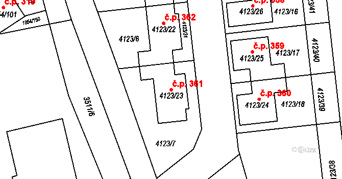 Křečkovice 361, Vyškov na parcele st. 4123/23 v KÚ Vyškov, Katastrální mapa