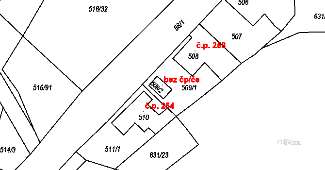 Lomnice 105785849 na parcele st. 509/2 v KÚ Lomnice u Sokolova, Katastrální mapa