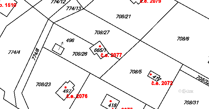 Skuheř 2077, Kamenice na parcele st. 665/1 v KÚ Těptín, Katastrální mapa