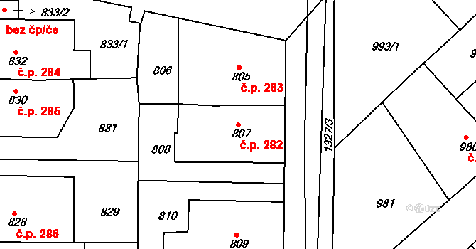 Tuchlovice 282 na parcele st. 807 v KÚ Tuchlovice, Katastrální mapa