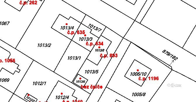 Kosmonosy 893 na parcele st. 1013/8 v KÚ Kosmonosy, Katastrální mapa