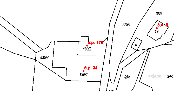 Orličky 178 na parcele st. 190/2 v KÚ Orličky, Katastrální mapa