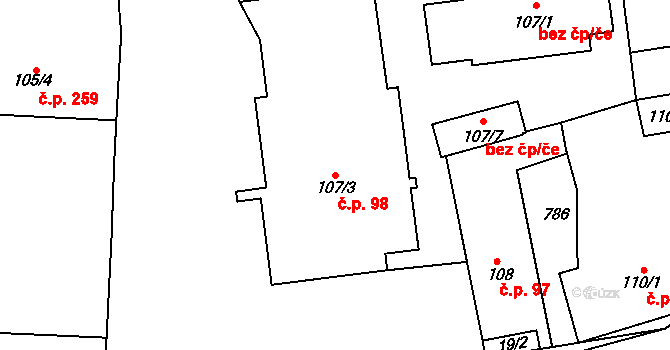 Dymokury 98 na parcele st. 107/3 v KÚ Dymokury, Katastrální mapa