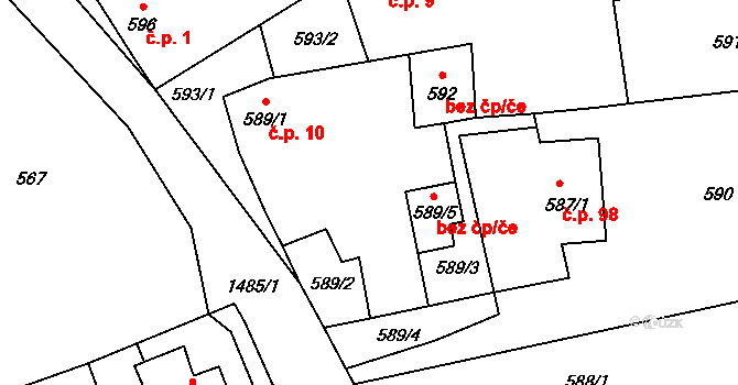 Černý Dub 10, Homole na parcele st. 589/1 v KÚ Homole, Katastrální mapa