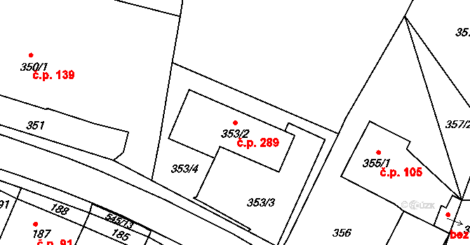Mstišov 289, Dubí na parcele st. 353/2 v KÚ Mstišov, Katastrální mapa
