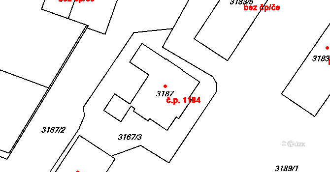 Místek 1184, Frýdek-Místek na parcele st. 3187 v KÚ Místek, Katastrální mapa