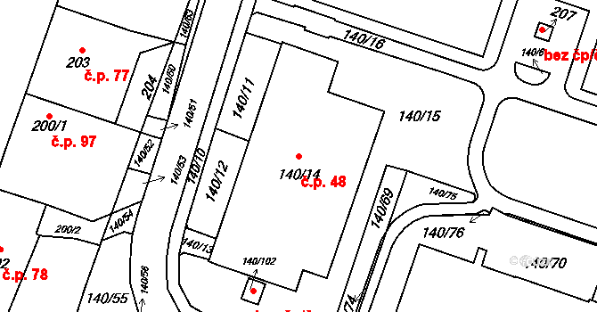Fryštát 48, Karviná na parcele st. 140/14 v KÚ Karviná-město, Katastrální mapa