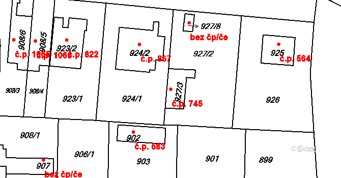 Ruzyně 745, Praha na parcele st. 927/3 v KÚ Ruzyně, Katastrální mapa