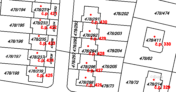 Roudné 428 na parcele st. 478/294 v KÚ Roudné, Katastrální mapa