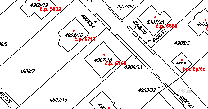 Chomutov 5768 na parcele st. 4907/18 v KÚ Chomutov I, Katastrální mapa