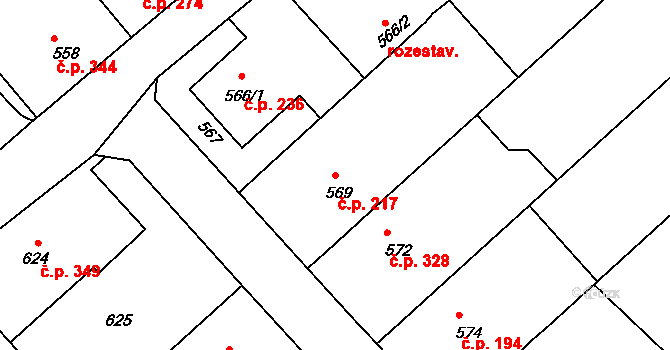 Měřín 217 na parcele st. 569 v KÚ Měřín, Katastrální mapa