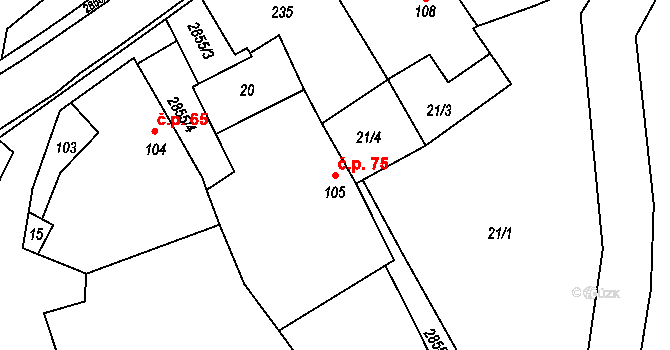 Sehradice 75 na parcele st. 105 v KÚ Sehradice, Katastrální mapa