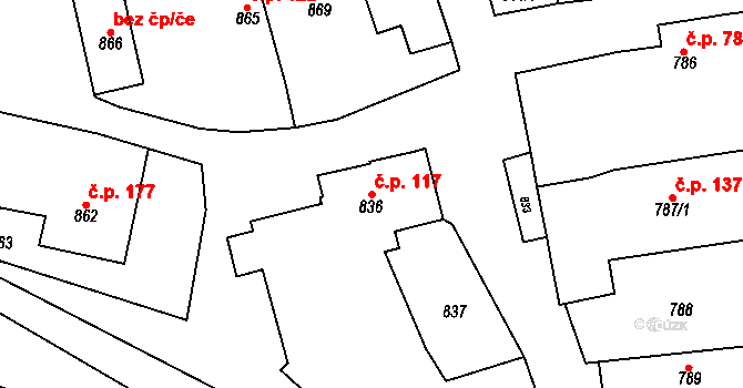 Zádveřice 117, Zádveřice-Raková na parcele st. 836 v KÚ Zádveřice, Katastrální mapa
