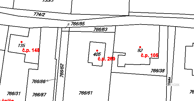Dolní Lhota 269 na parcele st. 405 v KÚ Dolní Lhota u Ostravy, Katastrální mapa