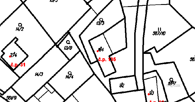 Kloboučky 135, Bučovice na parcele st. 164 v KÚ Kloboučky, Katastrální mapa