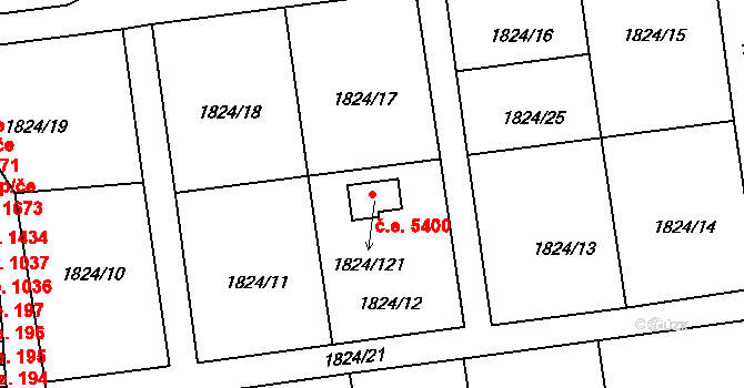 Pelhřimov 5400 na parcele st. 1824/121 v KÚ Pelhřimov, Katastrální mapa