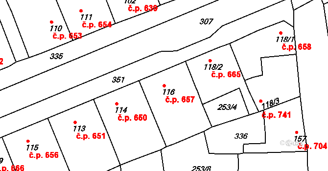 Rudná 657 na parcele st. 116 v KÚ Hořelice, Katastrální mapa