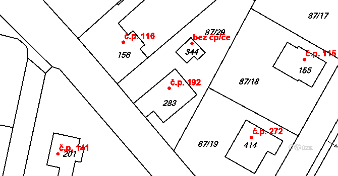 Chotoviny 192 na parcele st. 283 v KÚ Chotoviny, Katastrální mapa