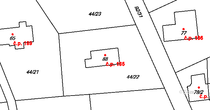 Ohrazenice 185, Pardubice na parcele st. 88 v KÚ Ohrazenice, Katastrální mapa