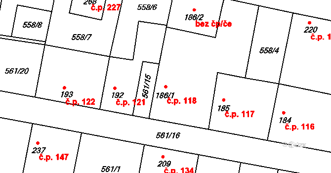Telce 118, Peruc na parcele st. 186/1 v KÚ Telce, Katastrální mapa