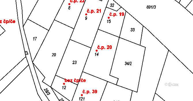 Skoky 20, Dolní Újezd na parcele st. 14 v KÚ Skoky u Staměřic, Katastrální mapa