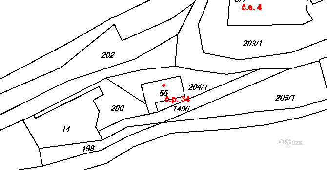 Pěčín 34, Trhové Sviny na parcele st. 55 v KÚ Pěčín u Trhových Svinů, Katastrální mapa