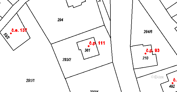 Dolní Černá Studnice 111, Pěnčín na parcele st. 361 v KÚ Jistebsko, Katastrální mapa