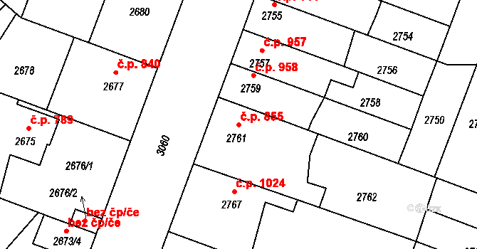 Čelákovice 855 na parcele st. 2761 v KÚ Čelákovice, Katastrální mapa