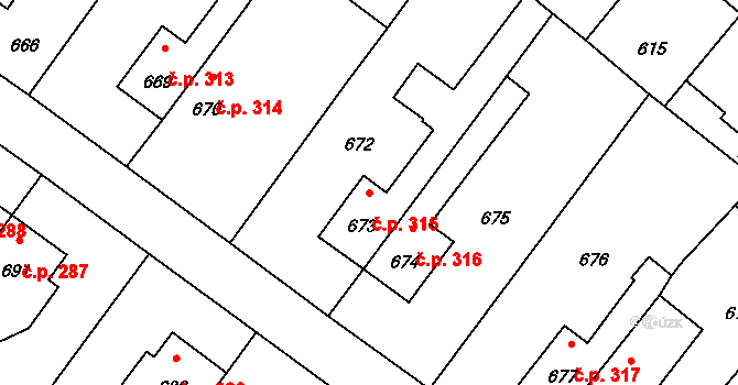 Sudoměřice 315 na parcele st. 673 v KÚ Sudoměřice, Katastrální mapa