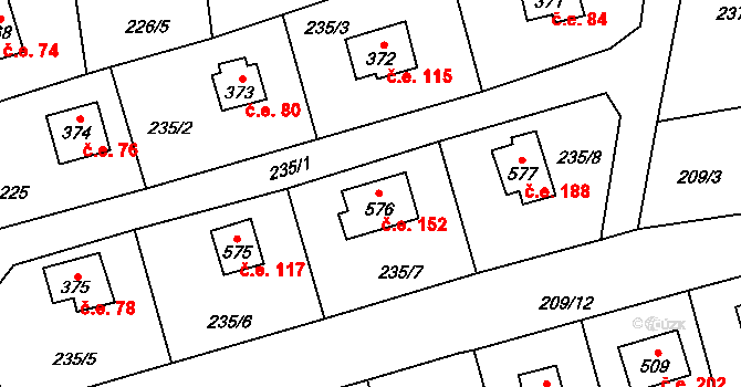 Javorník 152, Čtyřkoly na parcele st. 576 v KÚ Čtyřkoly, Katastrální mapa