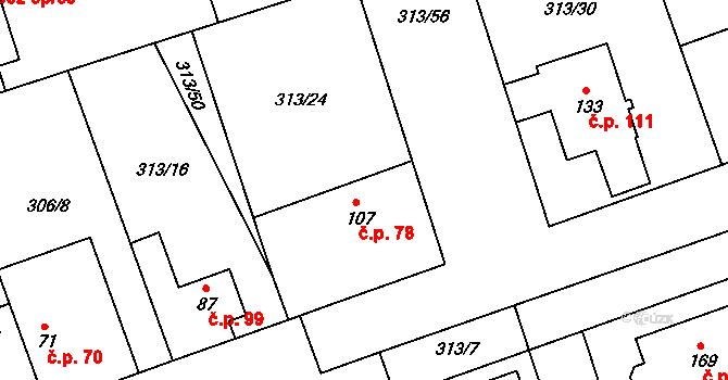 Hradišťko I 78, Veltruby na parcele st. 107 v KÚ Hradišťko I, Katastrální mapa