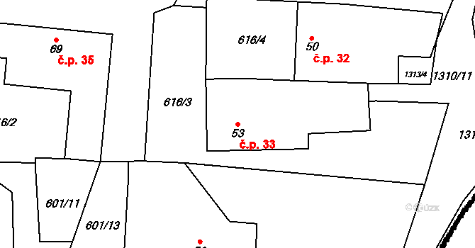 Sedlo 33, Číměř na parcele st. 53 v KÚ Sedlo u Číměře, Katastrální mapa
