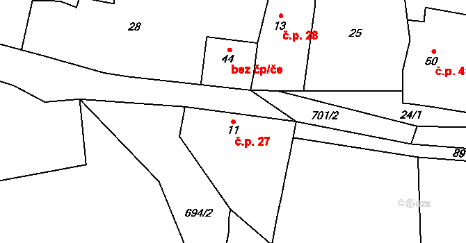 Málkov 27 na parcele st. 11 v KÚ Málkov u Suchomast, Katastrální mapa