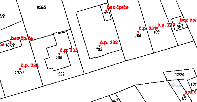 Vedrovice 232 na parcele st. 105 v KÚ Zábrdovice u Vedrovic, Katastrální mapa