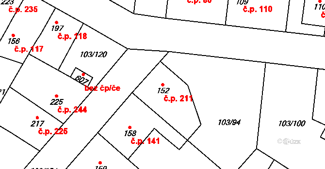 Malé Žernoseky 211 na parcele st. 152 v KÚ Malé Žernoseky, Katastrální mapa