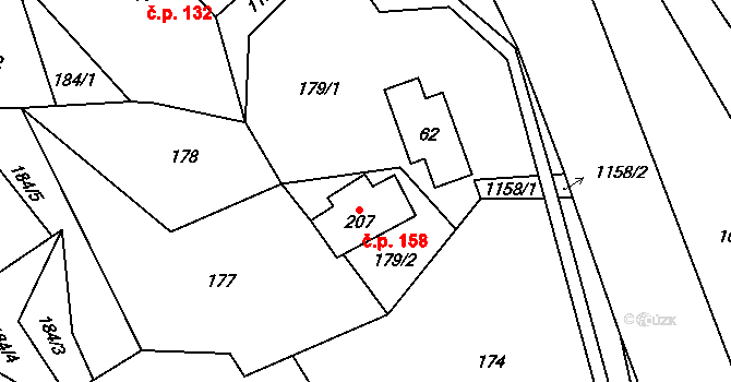 Těchonín 158 na parcele st. 207 v KÚ Těchonín, Katastrální mapa