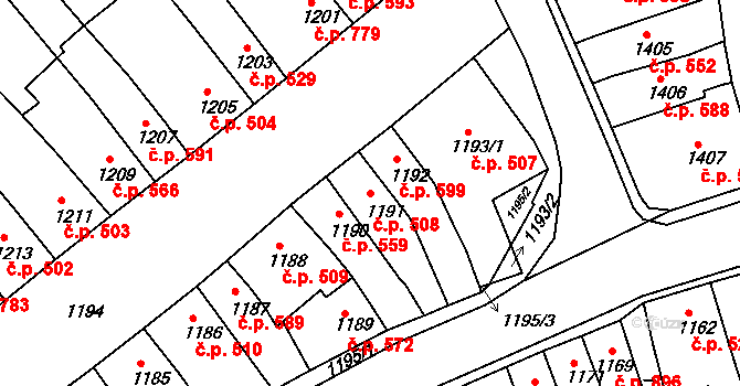 Chrlice 508, Brno na parcele st. 1191 v KÚ Chrlice, Katastrální mapa