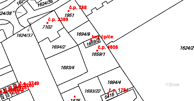 Cheb 1606 na parcele st. 1659/1 v KÚ Cheb, Katastrální mapa