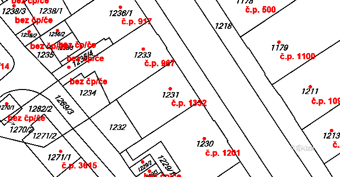 Chomutov 1332 na parcele st. 1231 v KÚ Chomutov I, Katastrální mapa