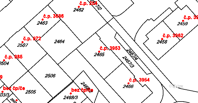 Chomutov 3953 na parcele st. 2465 v KÚ Chomutov I, Katastrální mapa