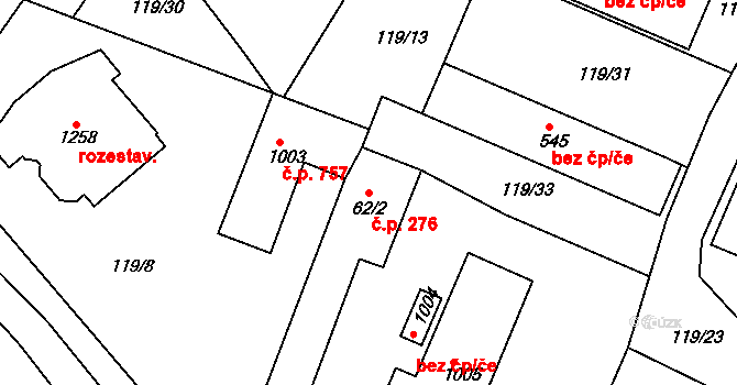 Plotiště nad Labem 276, Hradec Králové na parcele st. 62/2 v KÚ Plotiště nad Labem, Katastrální mapa