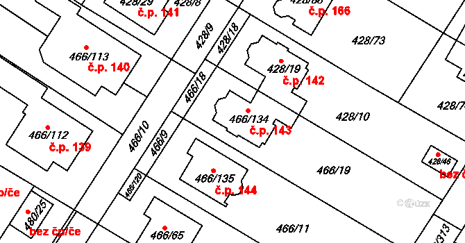 Rebešovice 143 na parcele st. 466/134 v KÚ Rebešovice, Katastrální mapa