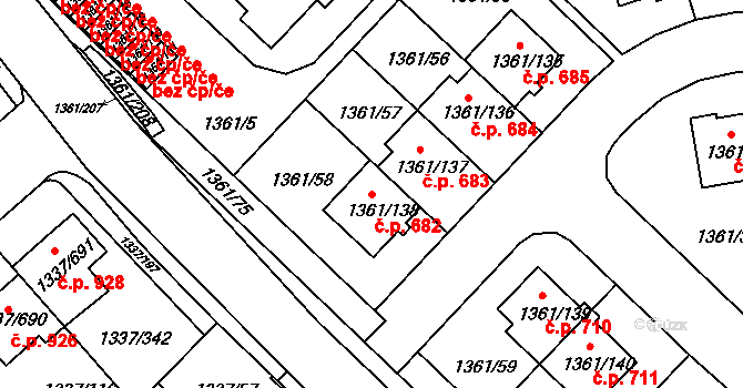 Vinoř 682, Praha na parcele st. 1361/138 v KÚ Vinoř, Katastrální mapa