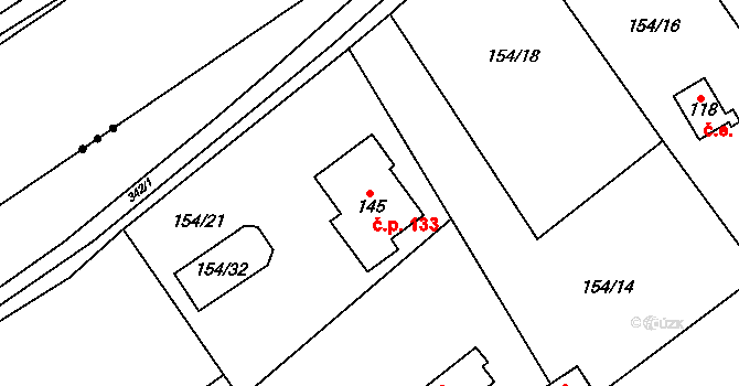 Vysoký Újezd 133 na parcele st. 145 v KÚ Vysoký Újezd u Berouna, Katastrální mapa