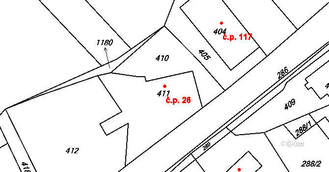 Loučky 26, Zátor na parcele st. 411 v KÚ Loučky u Zátoru, Katastrální mapa