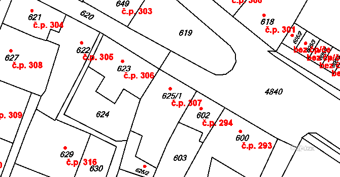 Bruntál 307 na parcele st. 625/1 v KÚ Bruntál-město, Katastrální mapa